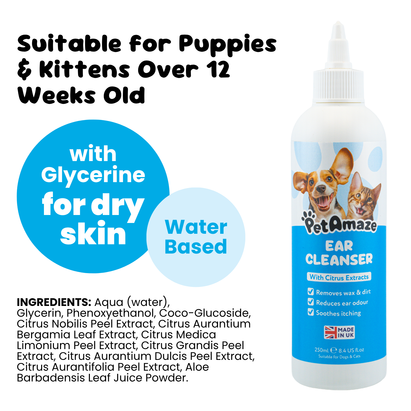 PetAmaze ear cleanser bottle with text about suitability for puppies and kittens, glycerine for dry skin, and water-based formula.