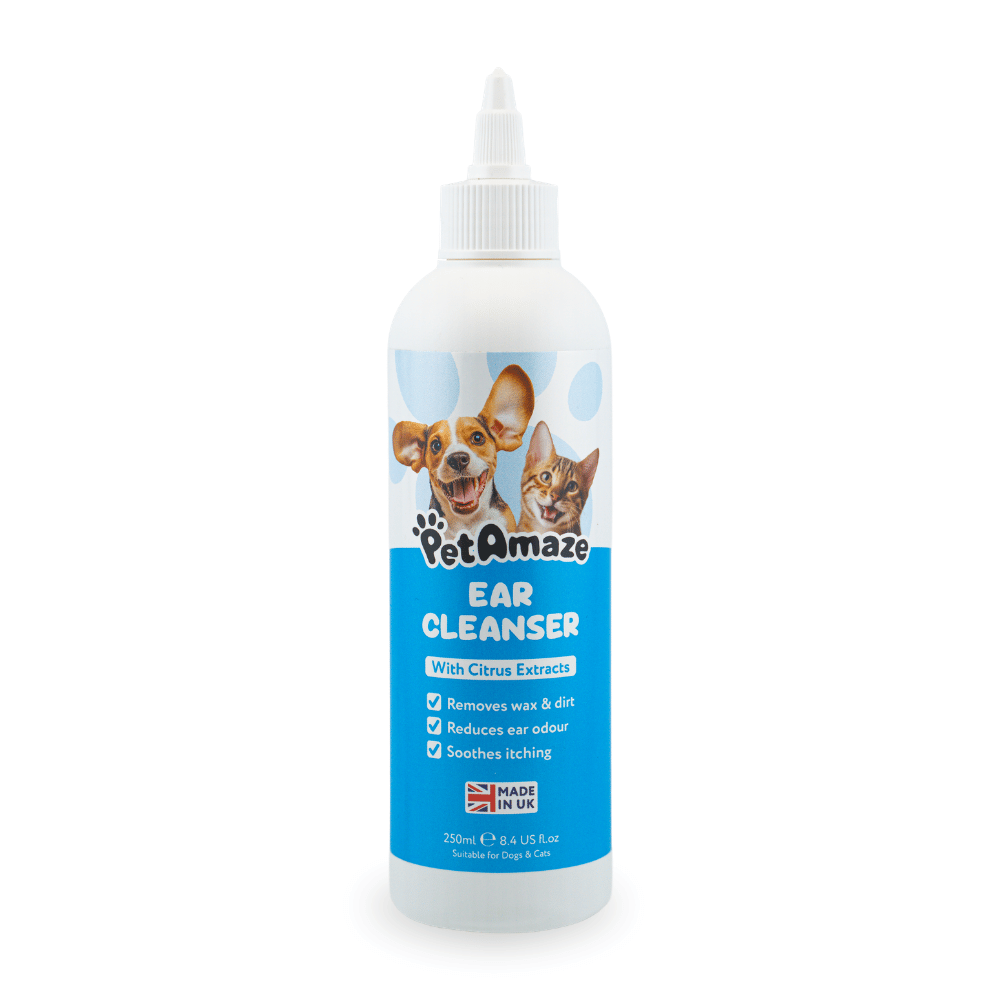 PetAmaze ear cleanser bottle with images of a dog and cat on a white background