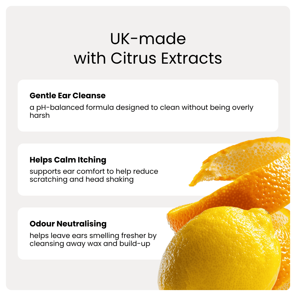 Product description card with citrus extracts and ear cleaning benefits on a white background