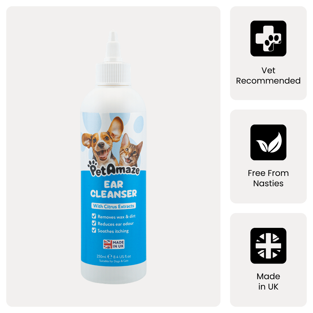 PetAmaze ear cleanser bottle with product details on a white background