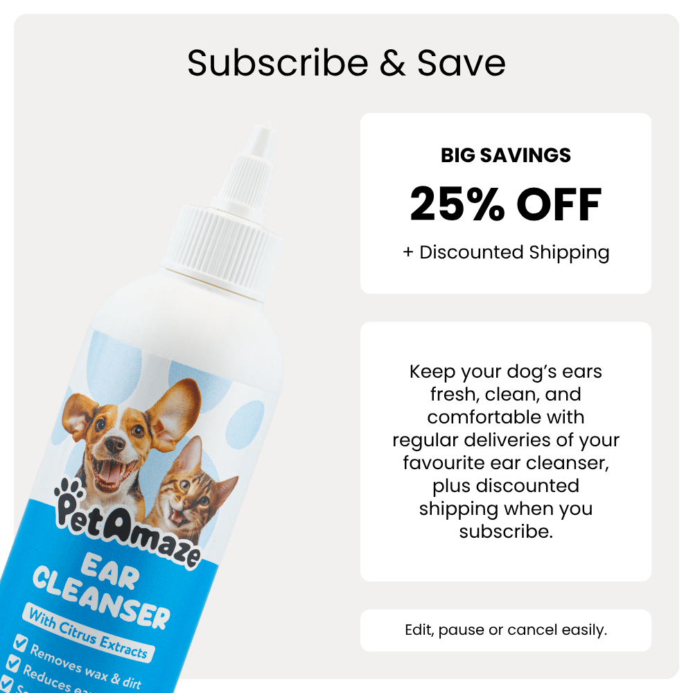 PetAmaze ear cleanser bottle with promotional text for subscribing and saving.
