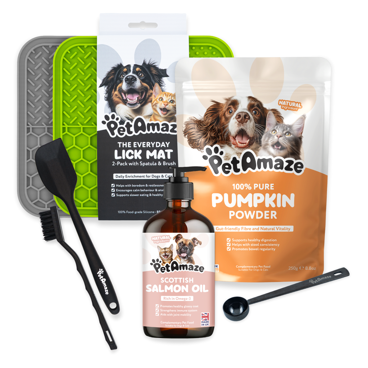 Collection of PetAmaze pet care products including a lick mat, pumpkin powder, salmon oil, and accessories on a white background.