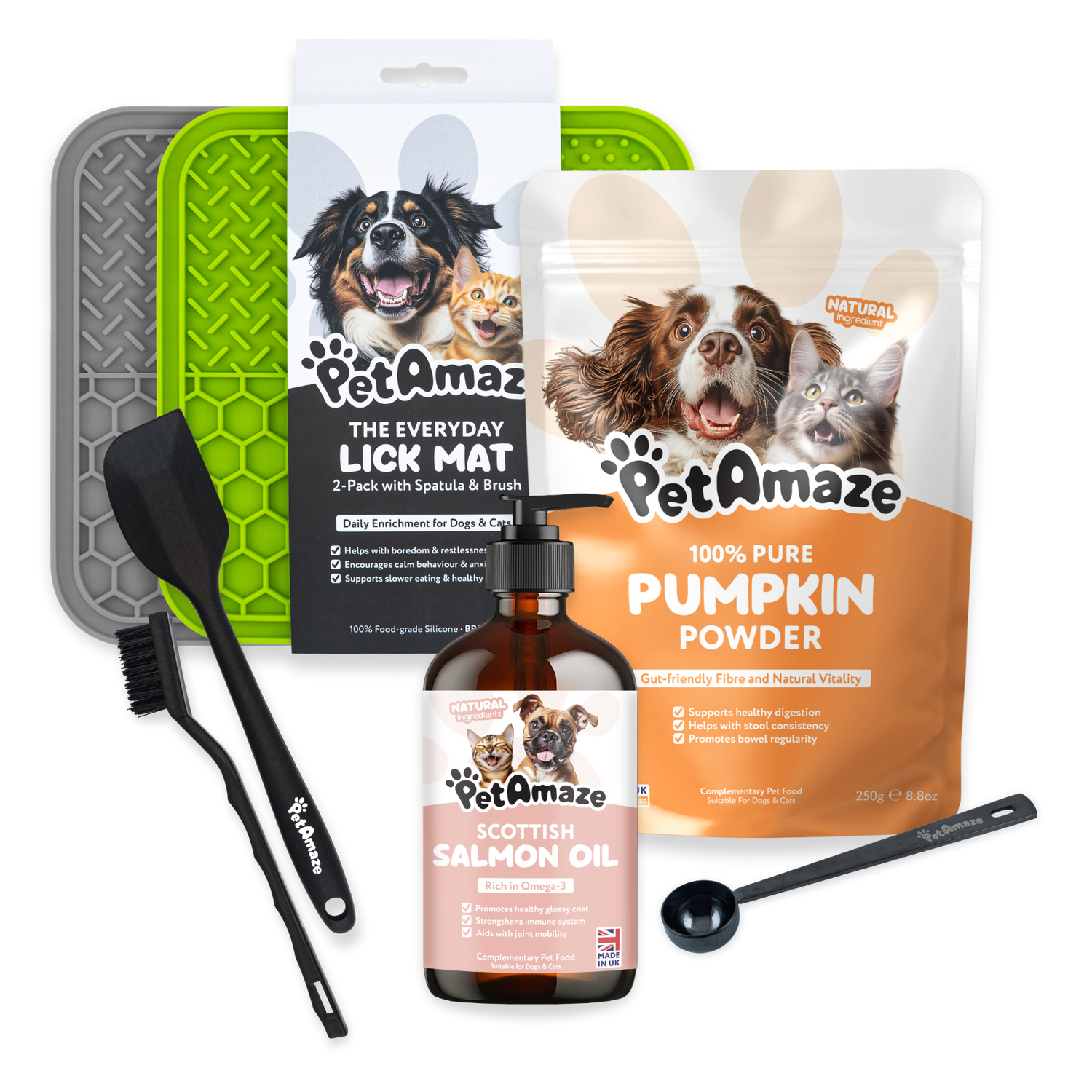 Collection of PetAmaze pet care products including a lick mat, pumpkin powder, salmon oil, and accessories on a white background.