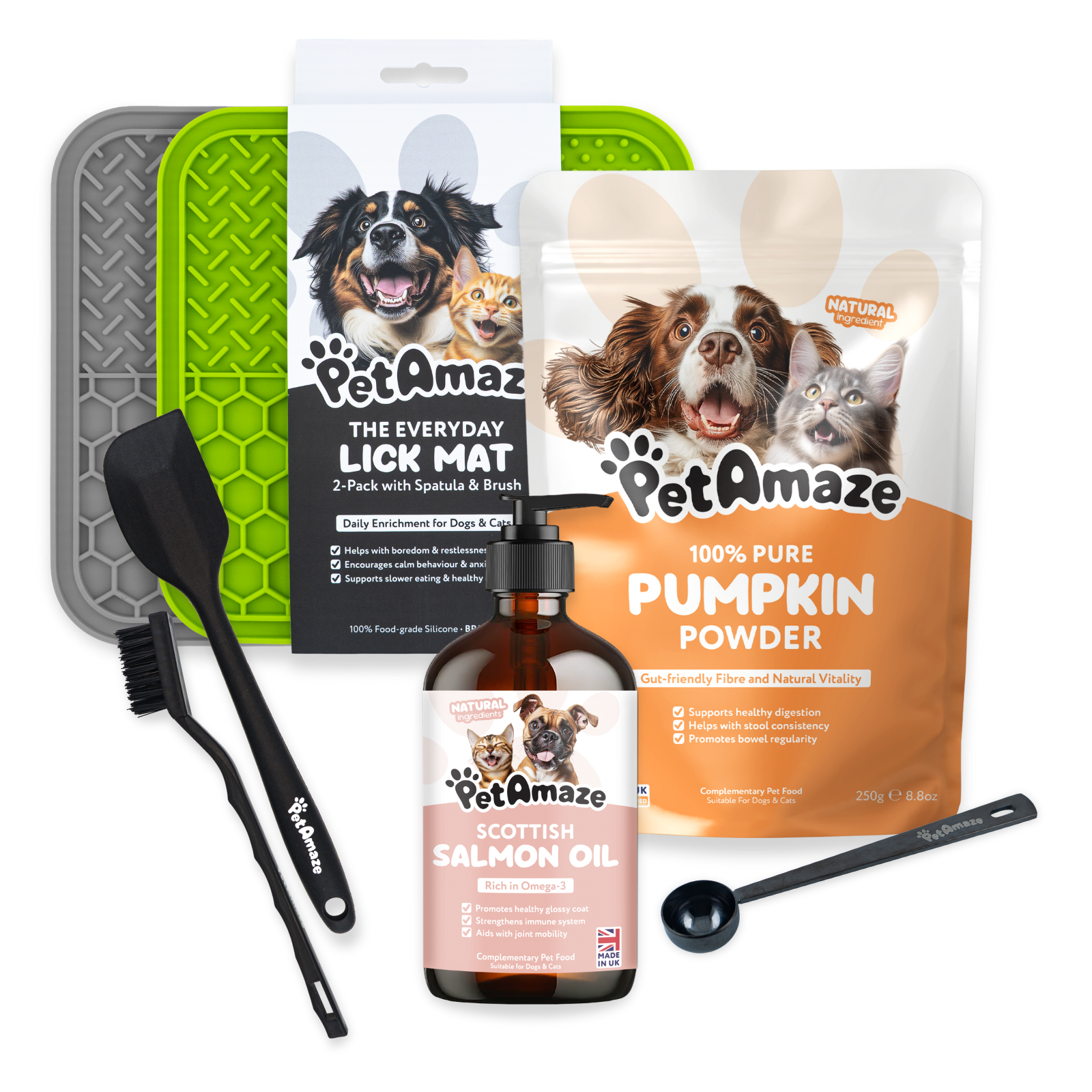 Collection of PetAmaze pet care products including a lick mat, pumpkin powder, salmon oil, and accessories on a white background.