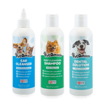 Three bottles of PetAmaze pet care products
