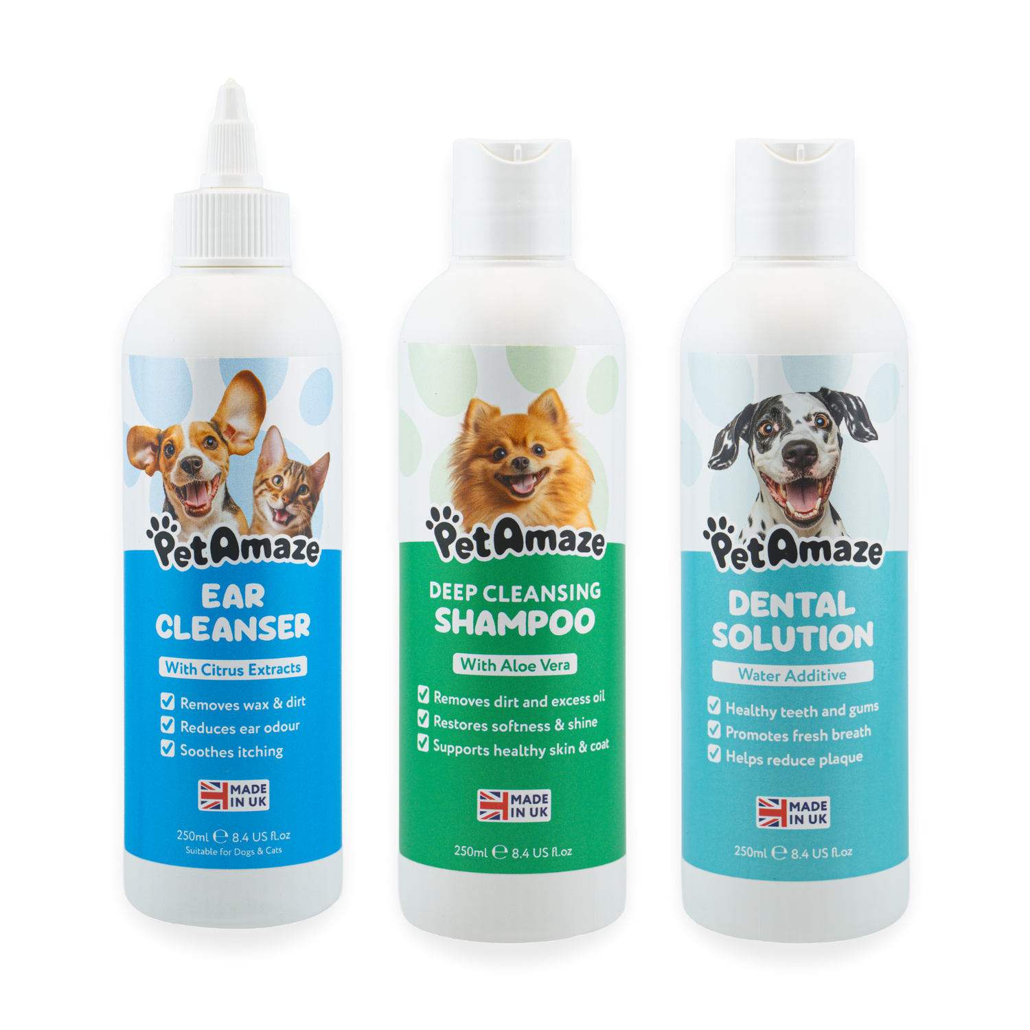 Three bottles of PetAmaze pet care products