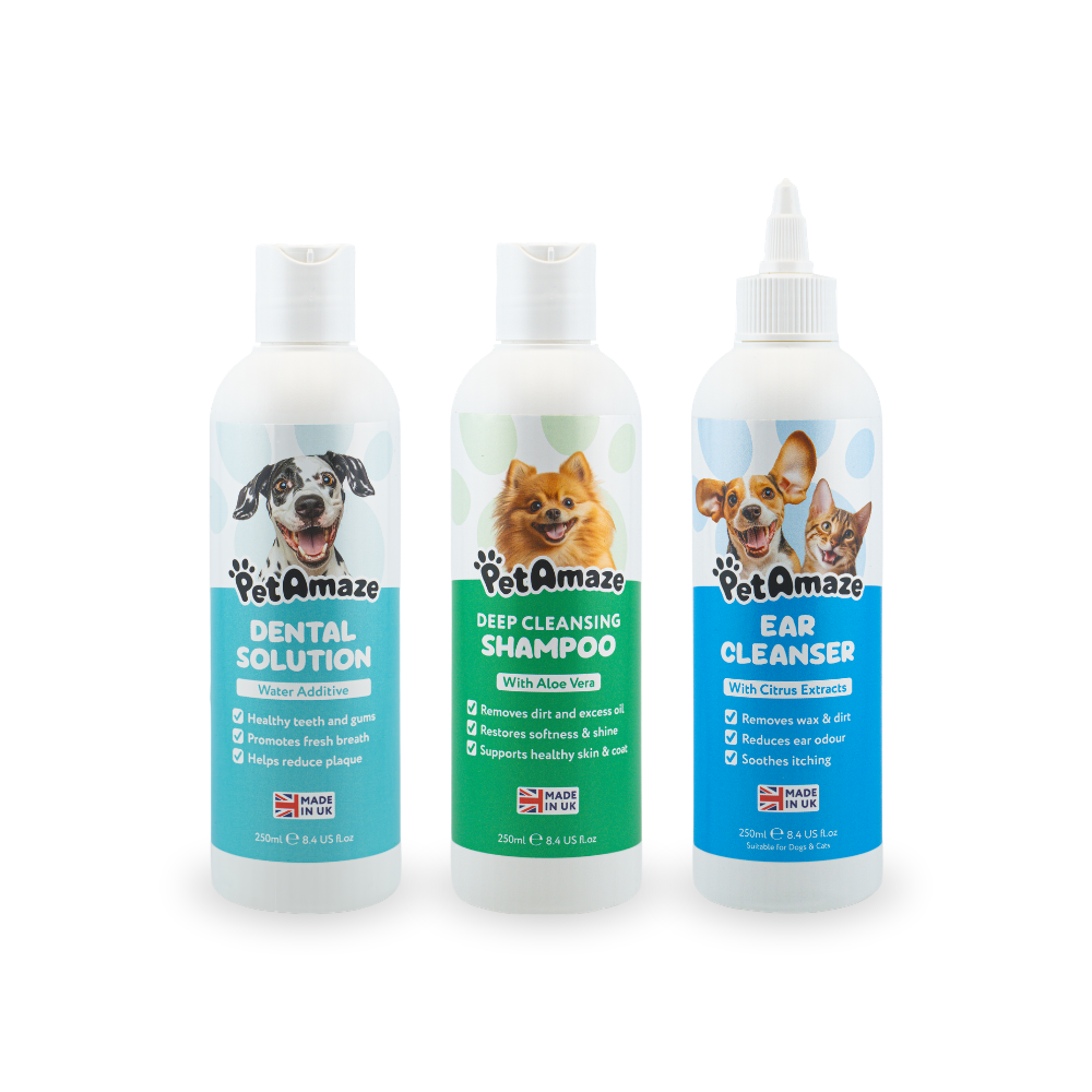 Three bottles of PetAmaze pet care products on a white background