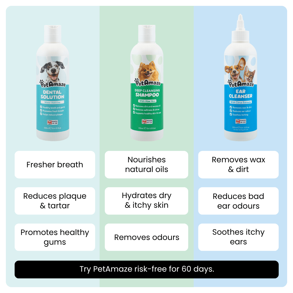 Three bottles of PetAmaze pet care products with features listed on a colorful background.