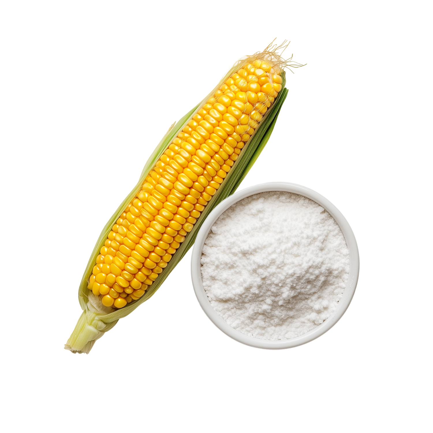 Corn on the cob next to a bowl of corn starch on a white background