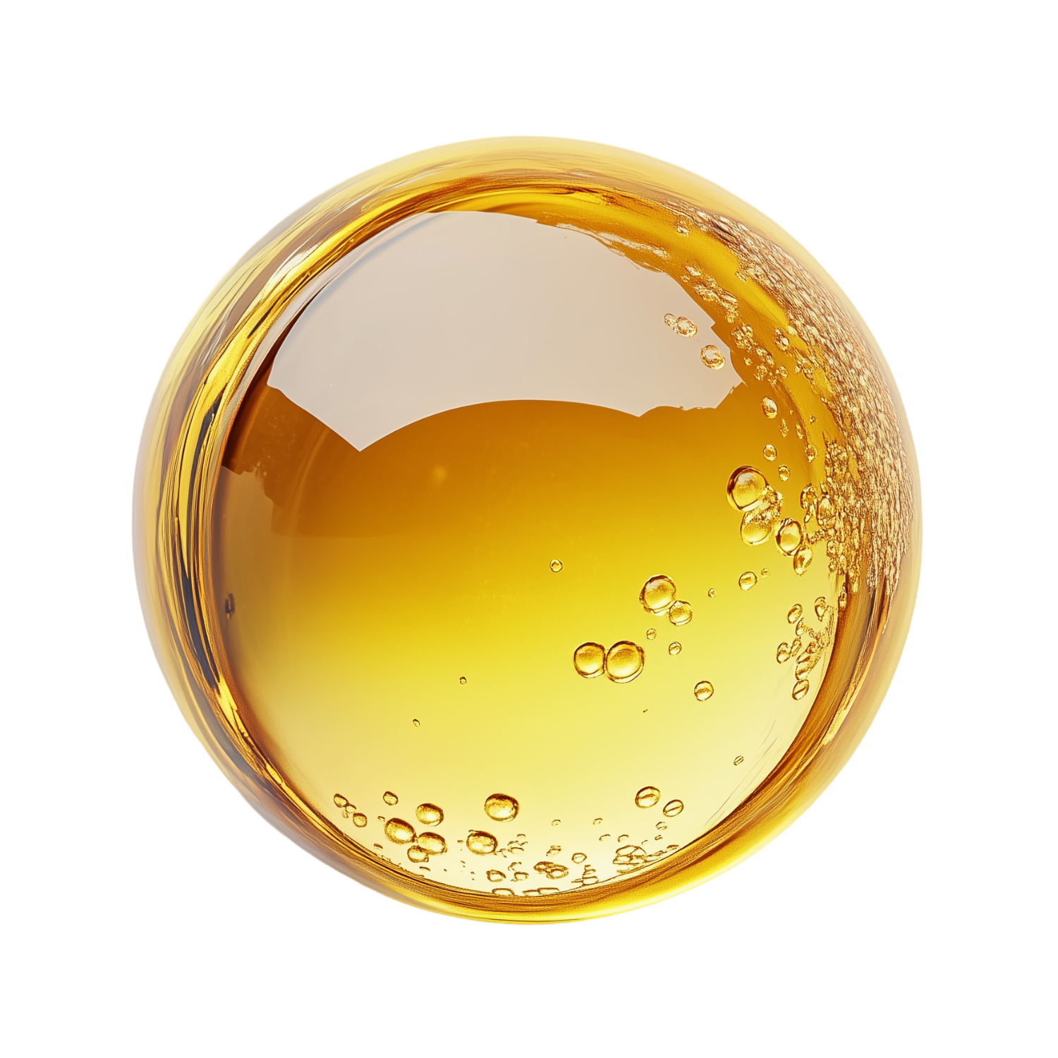 Clear glass sphere filled with yellow oil and bubbles on a white background