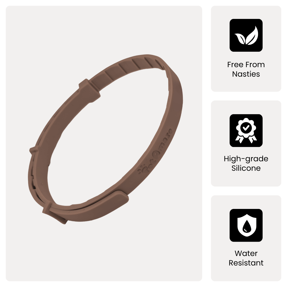 Brown silicone band with certification icons on a white background