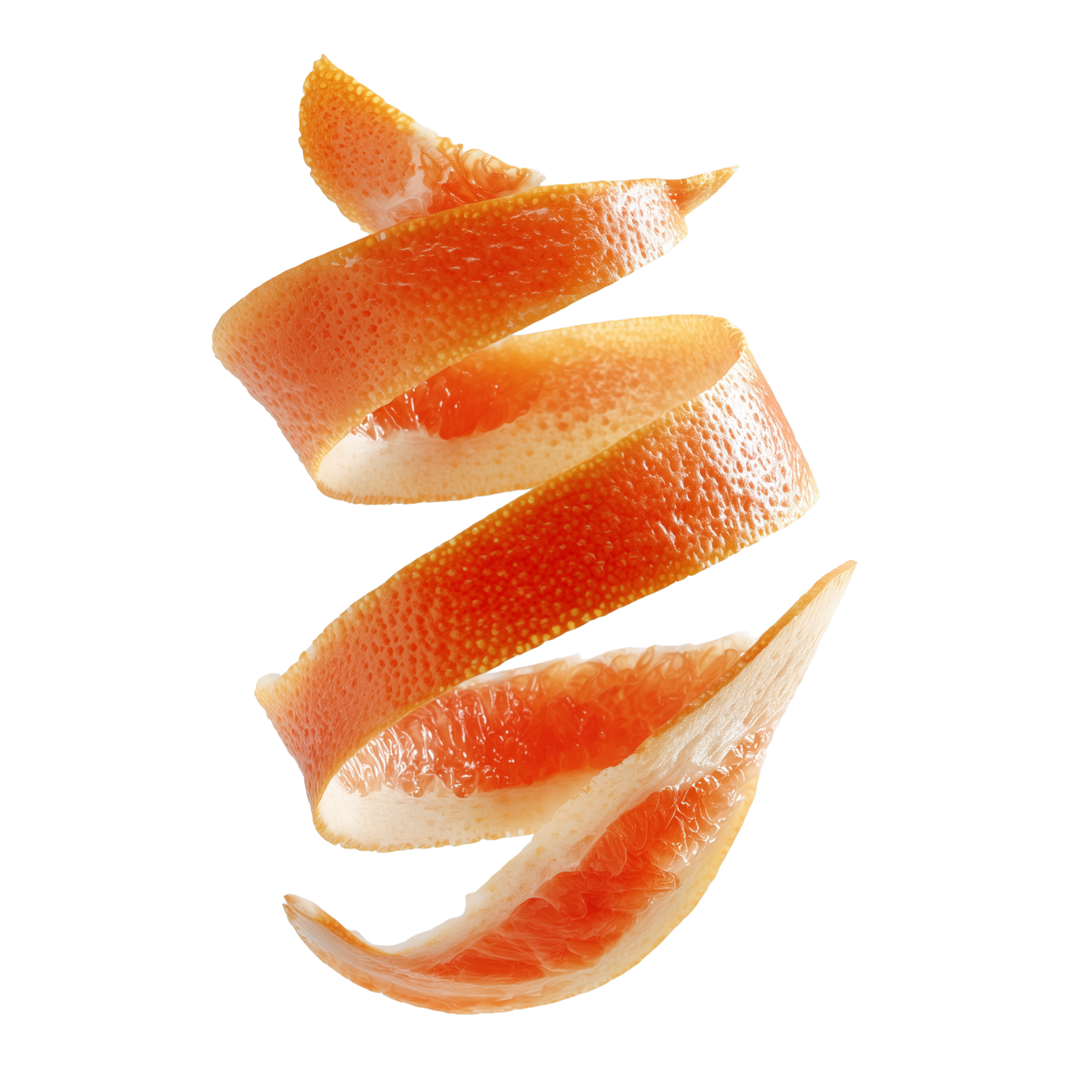 Spiral of grapefruit peel on a clear background