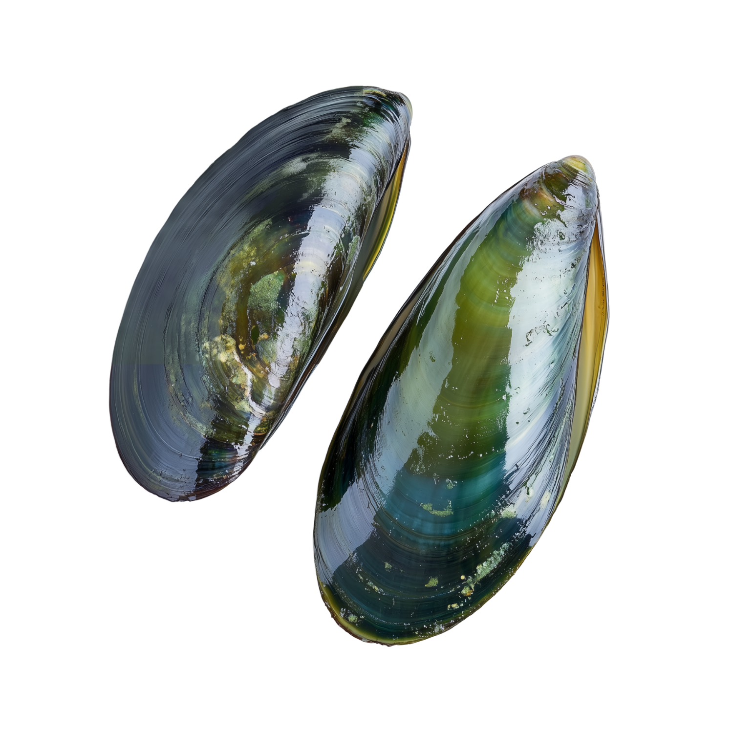 Two green lipped mussel shells on a white background