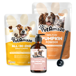 PetAmaze pet care products including chews, pumpkin powder, and salmon oil on a white background