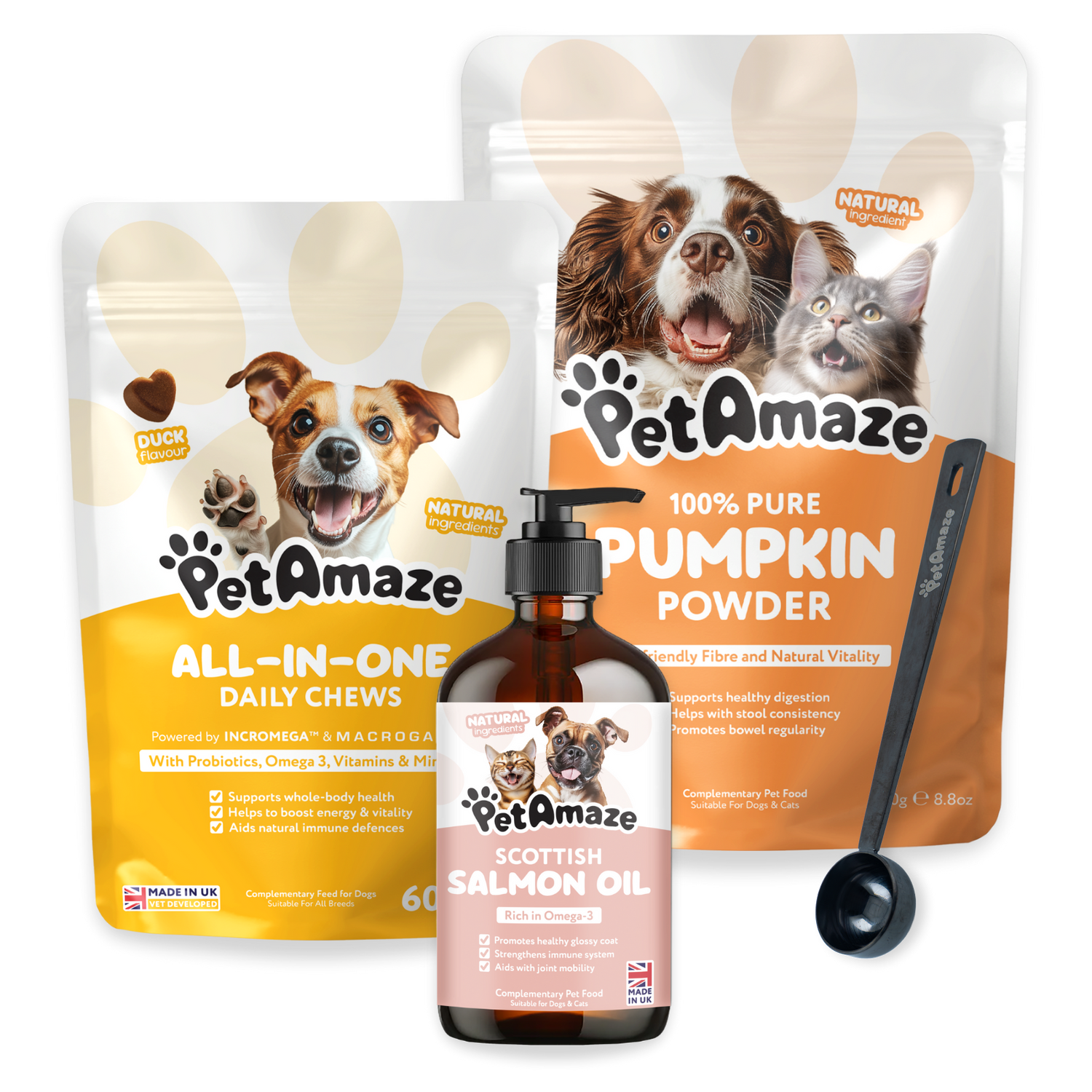 PetAmaze pet care products including chews, pumpkin powder, and salmon oil on a white background