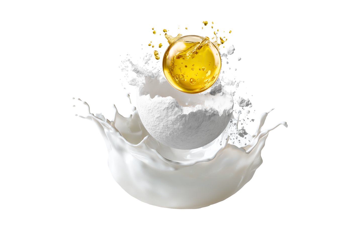 Yellow droplet of salmon oil splashing into a white powder and liquid, on a white background