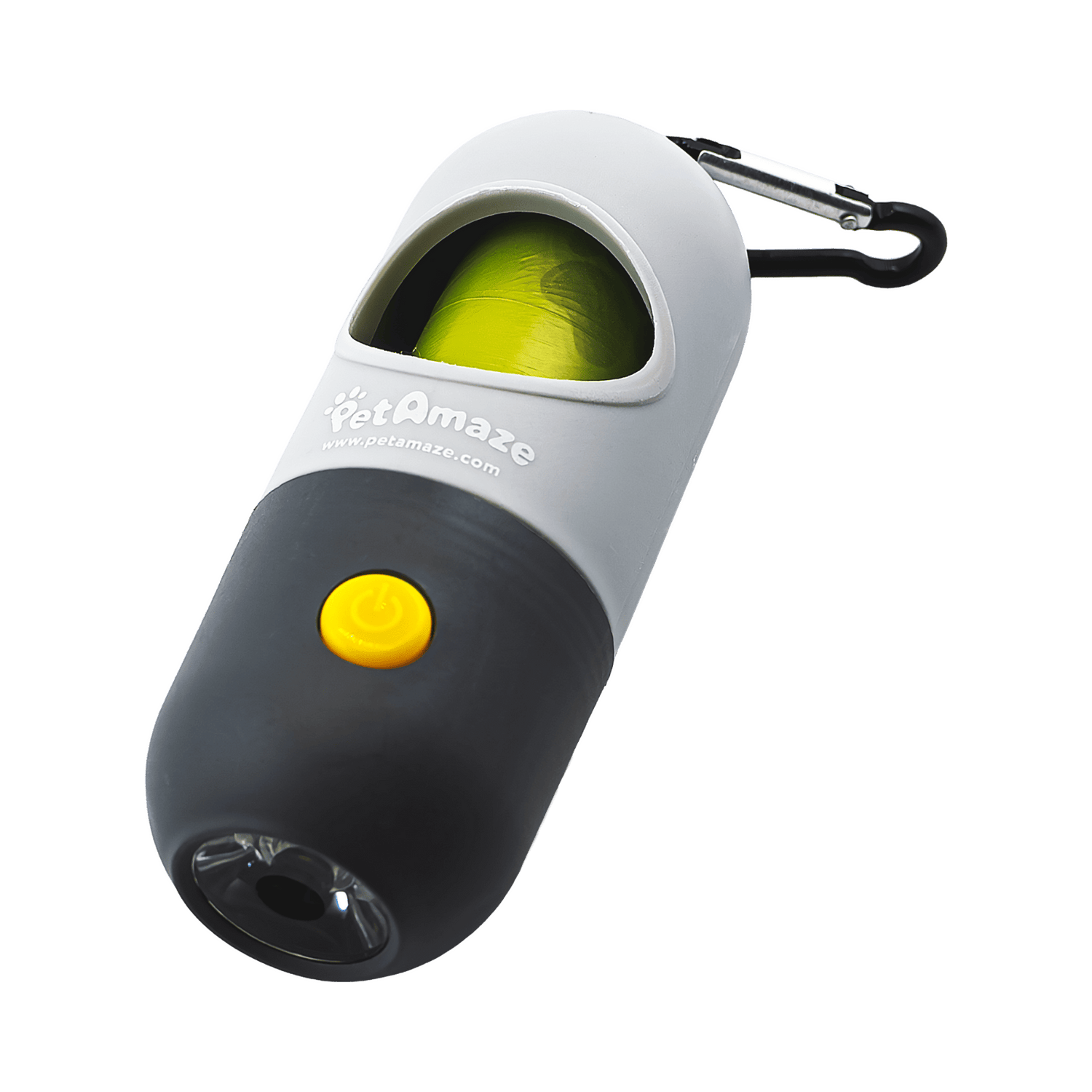 PetAmaze LED poop bag dispenser with built in torch and carabiner, grey and black, includes dog waste bag roll