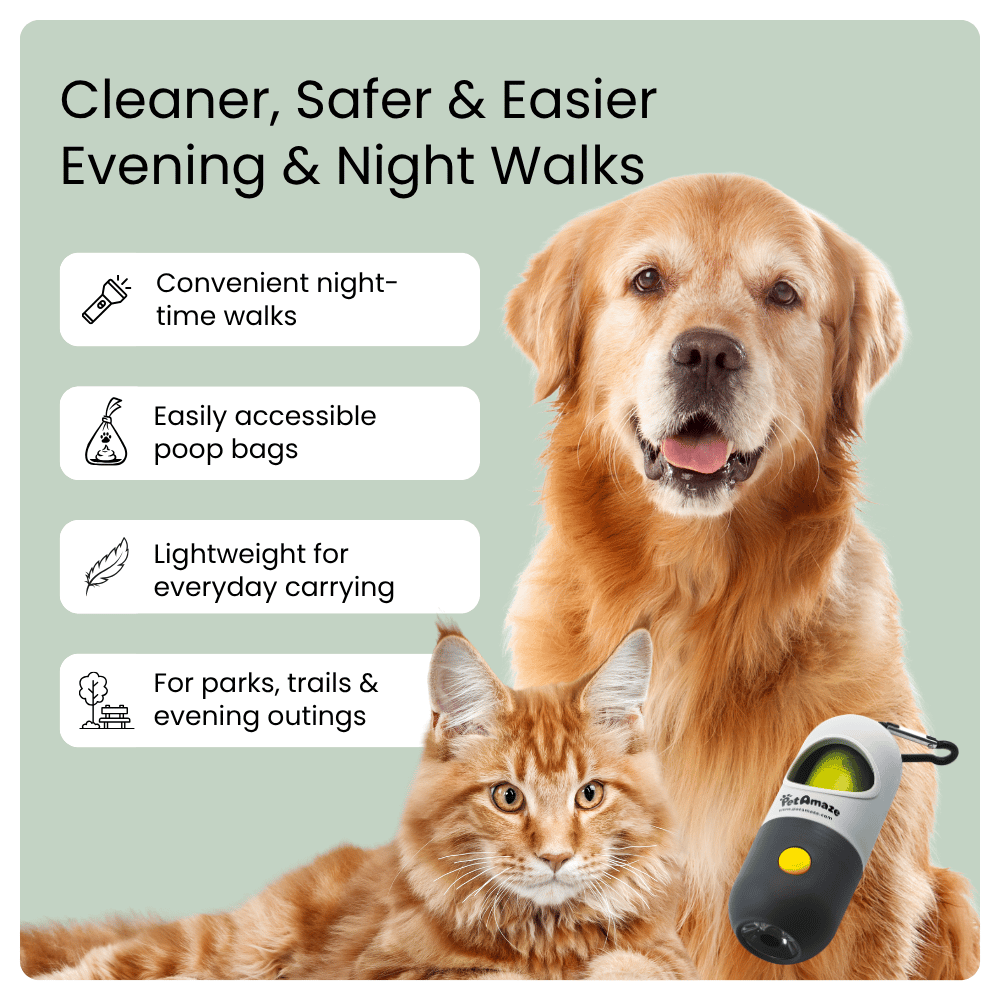 Dog and cat with pet waste management product on a light green background