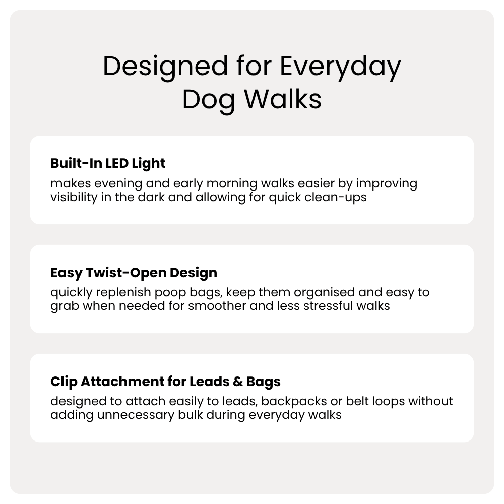 Text describing features of a dog walking product on a white background