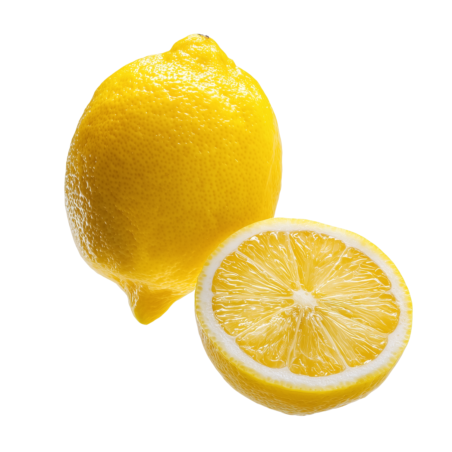 Two lemons, one whole and one sliced, on a clear background