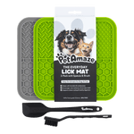 PetAmaze Everyday Lick Mat 2 pack, green and grey silicone mats with spatula and cleaning brush for dogs and cats