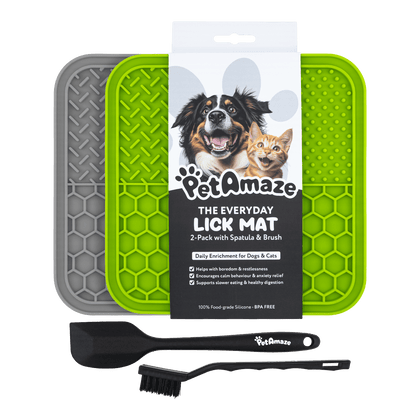 PetAmaze Everyday Lick Mat 2 pack, green and grey silicone mats with spatula and cleaning brush for dogs and cats