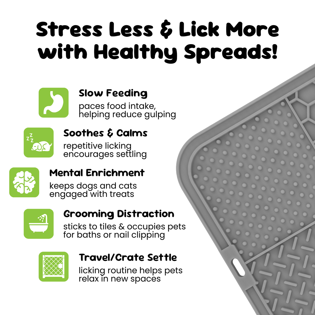 Grey lick mat close up showing textured zones for slow feeding calming licking mental enrichment grooming distraction and travel settling
