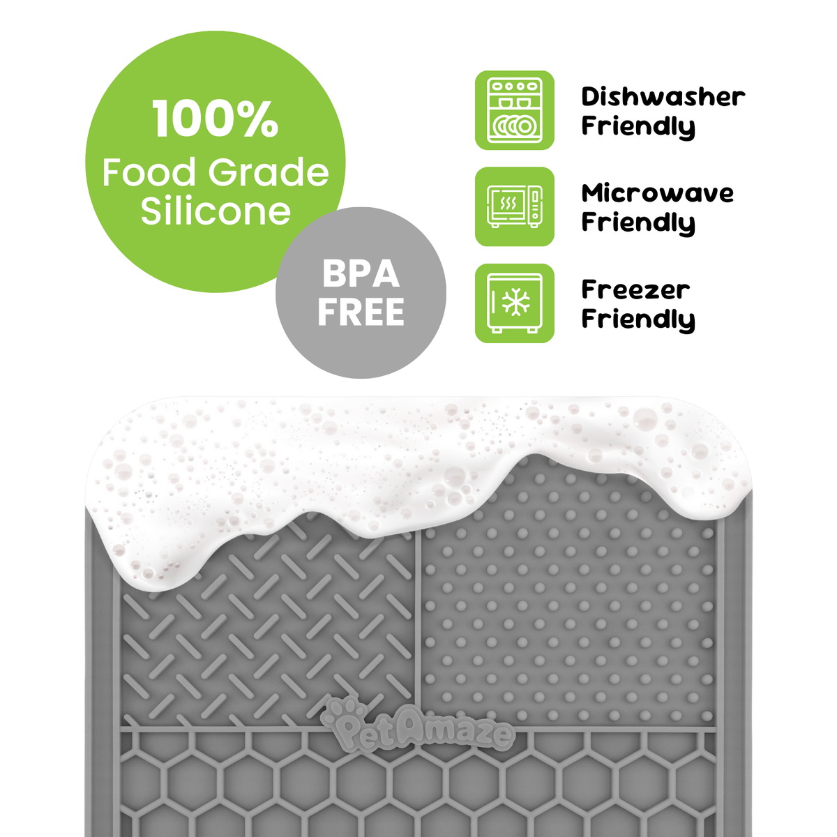 BPA free food grade silicone lick mat, dishwasher microwave and freezer safe