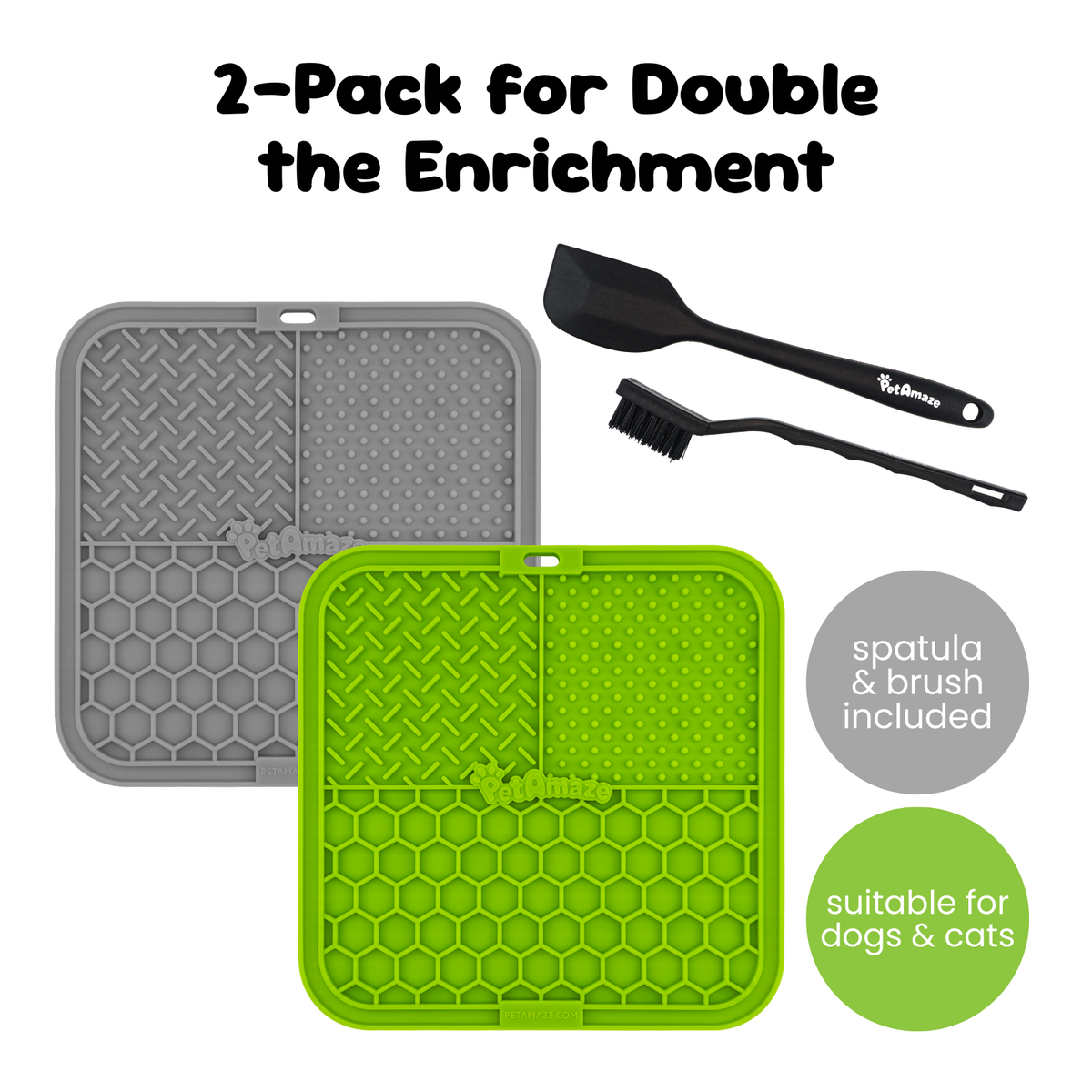 Lick mat 2 pack set, grey and green mats with spatula and brush included, suitable for dogs and cats