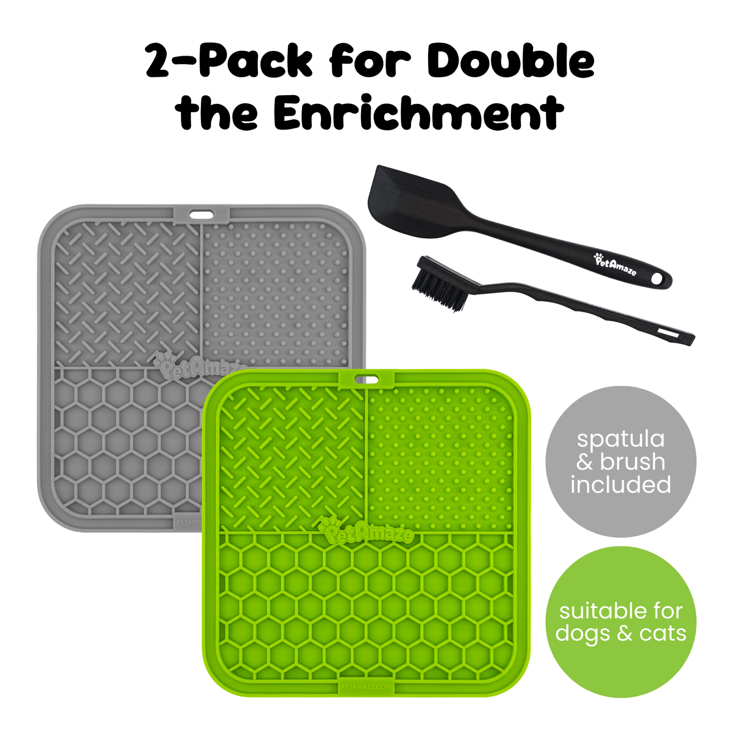 Lick mat 2 pack set, grey and green mats with spatula and brush included, suitable for dogs and cats