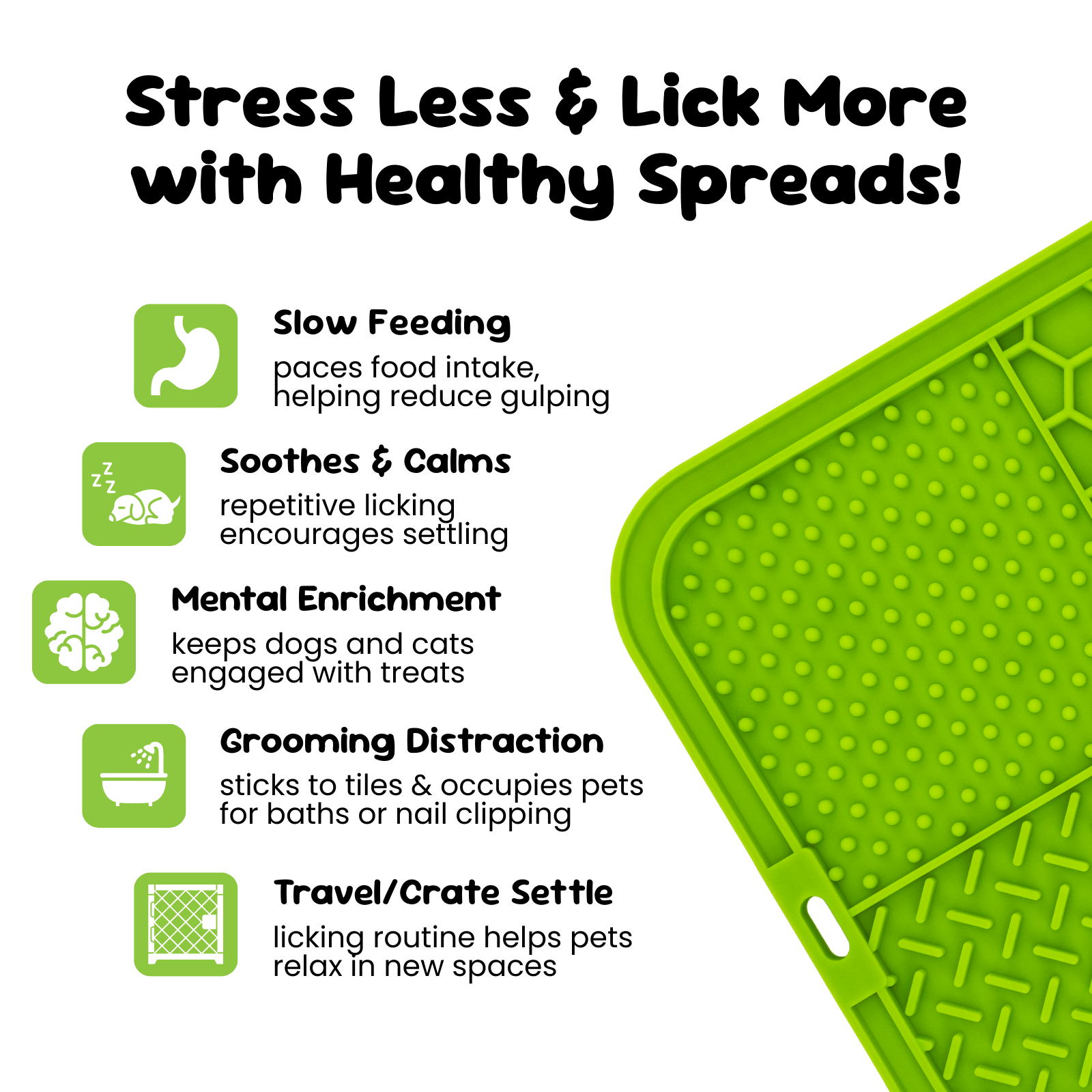 Green lick mat close up with textured zones for slow feeding, calming licking, enrichment, grooming distraction and travel settling 