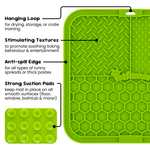 Green silicone lick mat features showing hanging loop, stimulating textures, anti spill edge and strong suction pads 