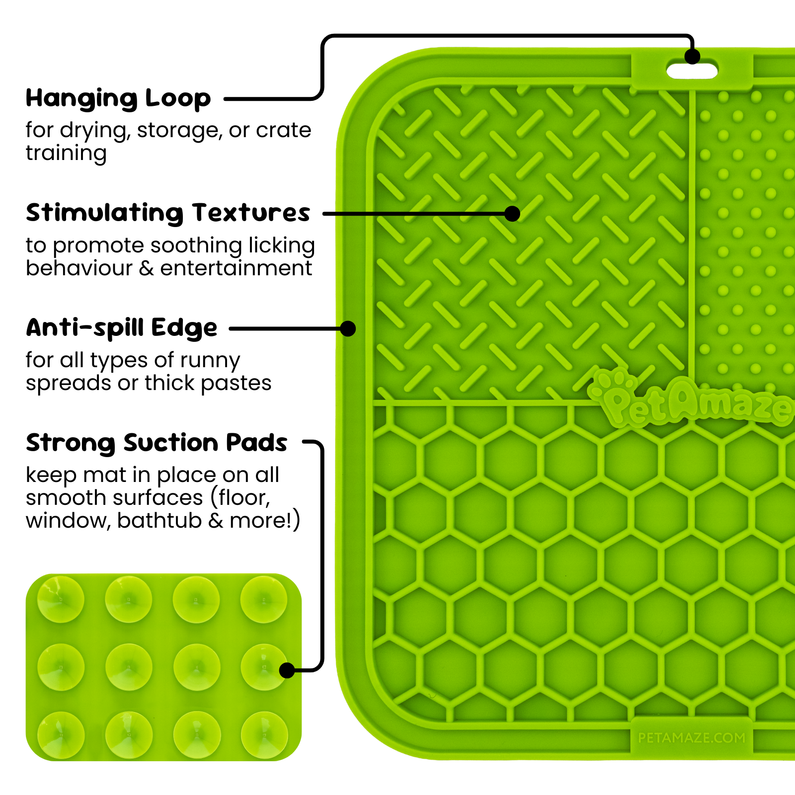 Green silicone lick mat features showing hanging loop, stimulating textures, anti spill edge and strong suction pads 