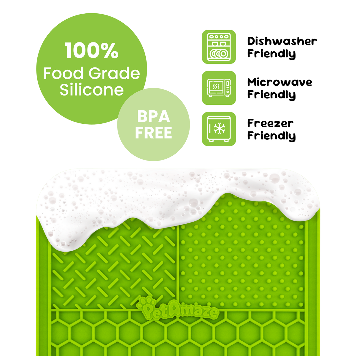 100 percent food grade silicone lick mat, BPA free, dishwasher, microwave and freezer friendly 