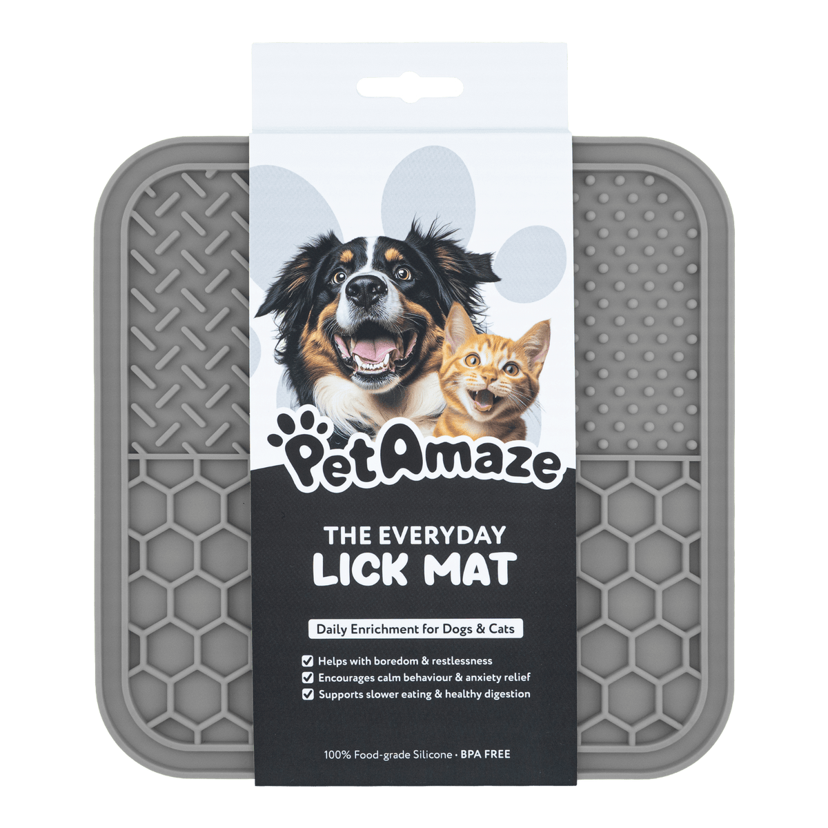 PetAmaze Everyday Lick Mat, grey silicone enrichment mat for dogs and cats, promotes slow feeding and calm behaviour 