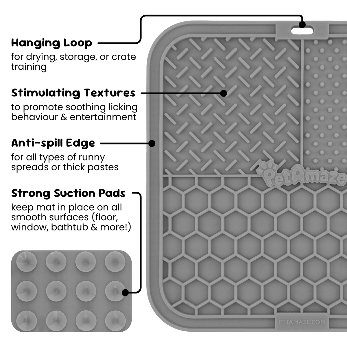 Grey silicone lick mat features showing hanging loop, stimulating textures, anti spill edge and strong suction pads 