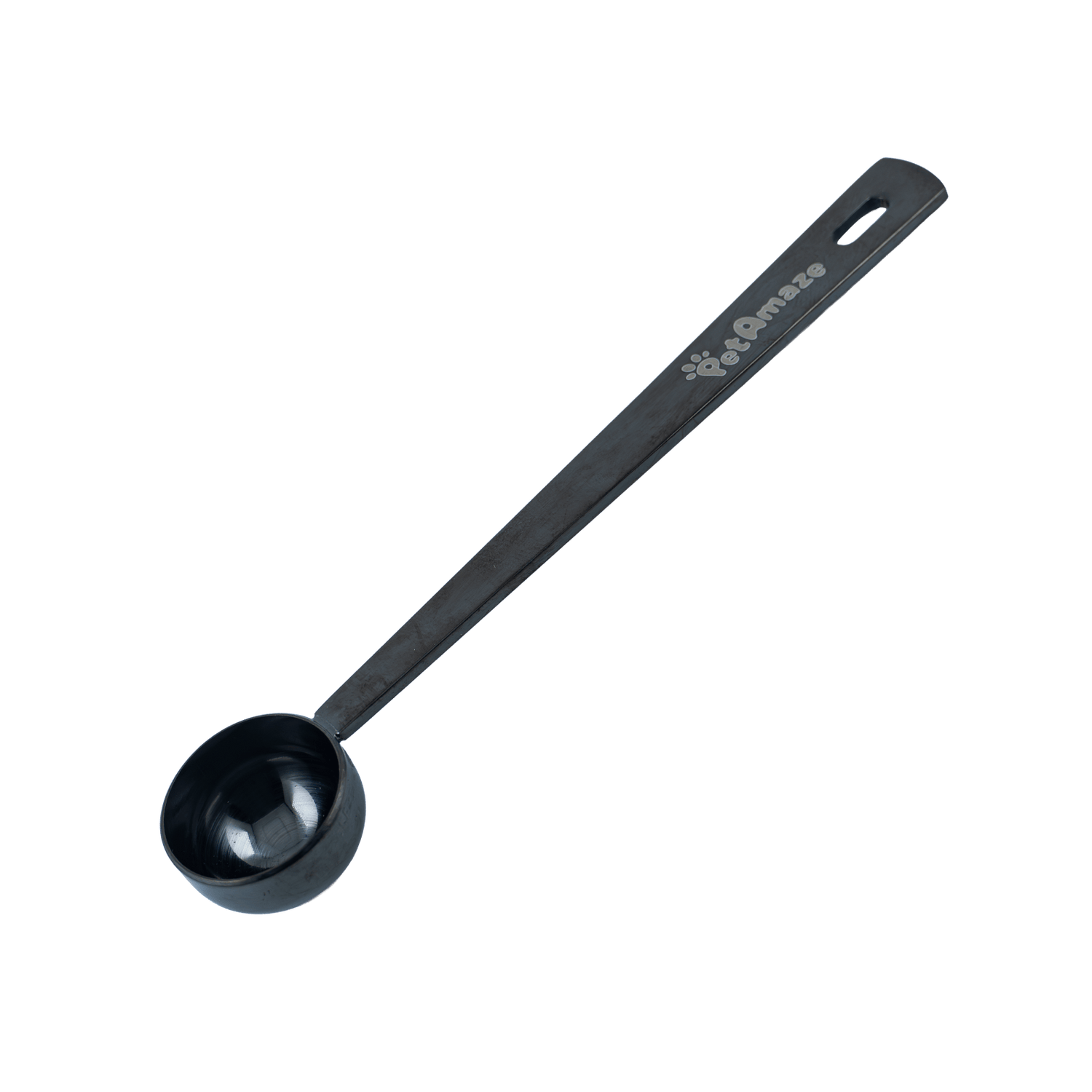 Black measuring spoon with PetAmaze branding on a transparent background