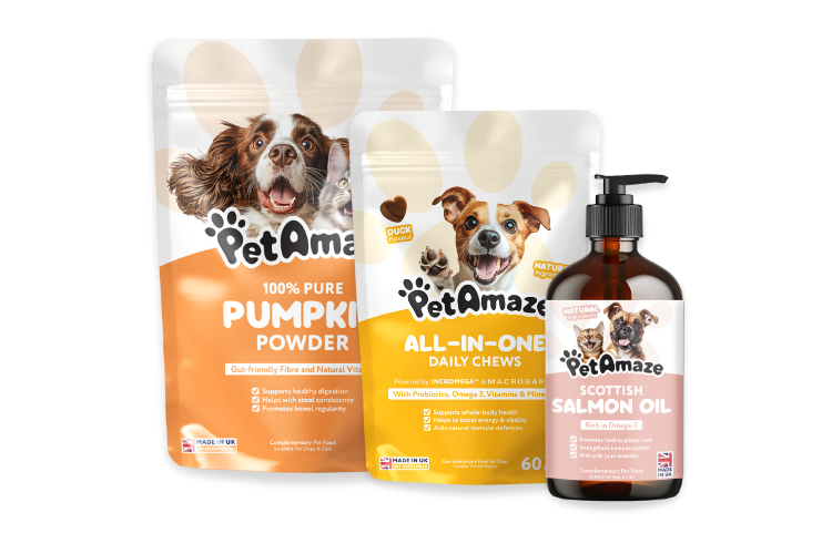 PetAmaze pet care products including pumpkin powder, daily chews, and salmon oil on a white background