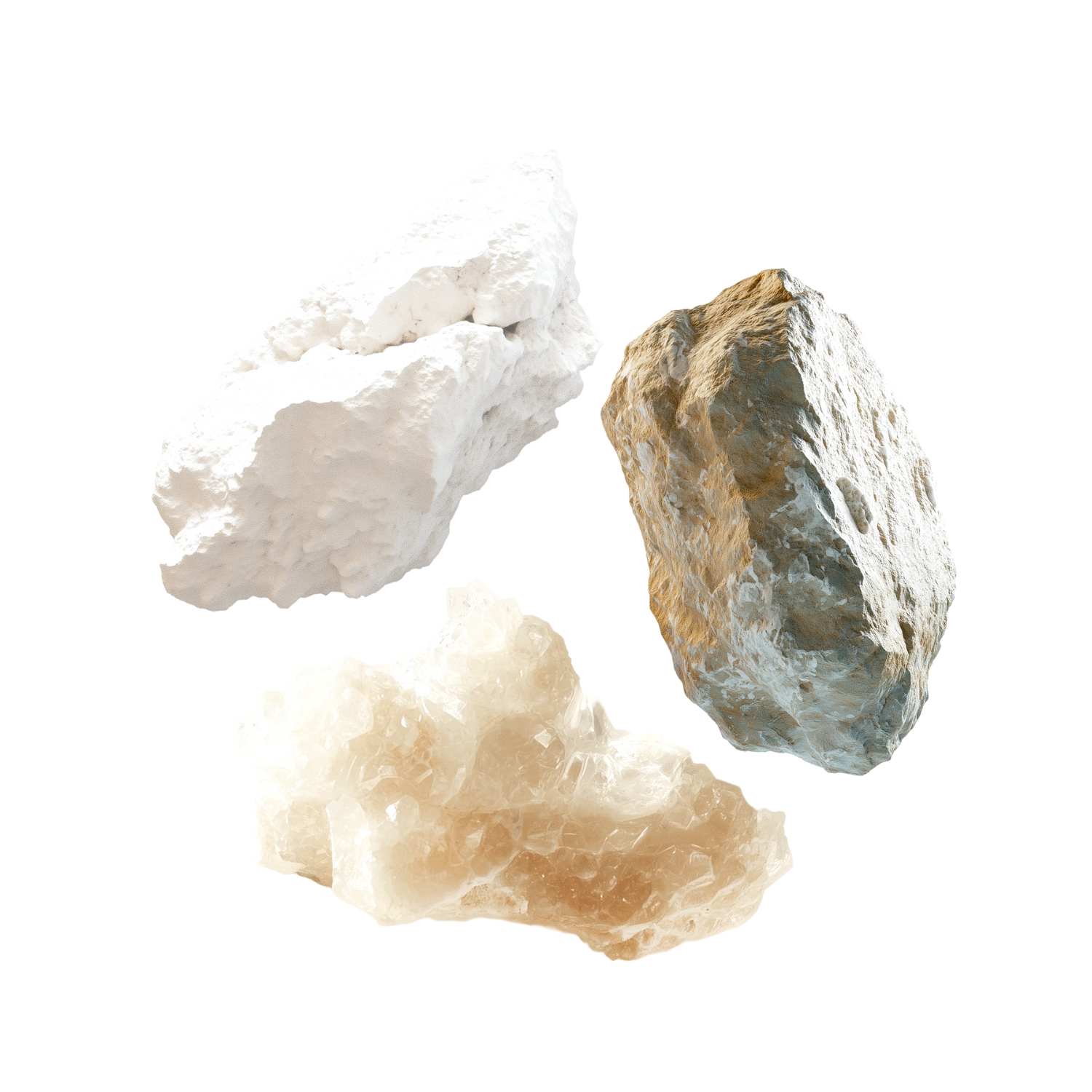 Three different types of mineral rocks on a white background