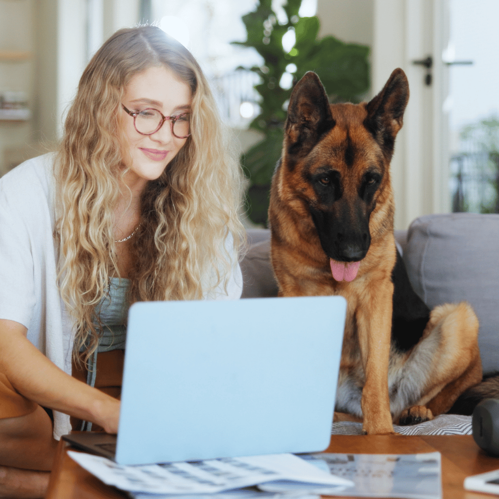 Woman using a laptop with a German Shepherd dog sitting next to her on a couch.