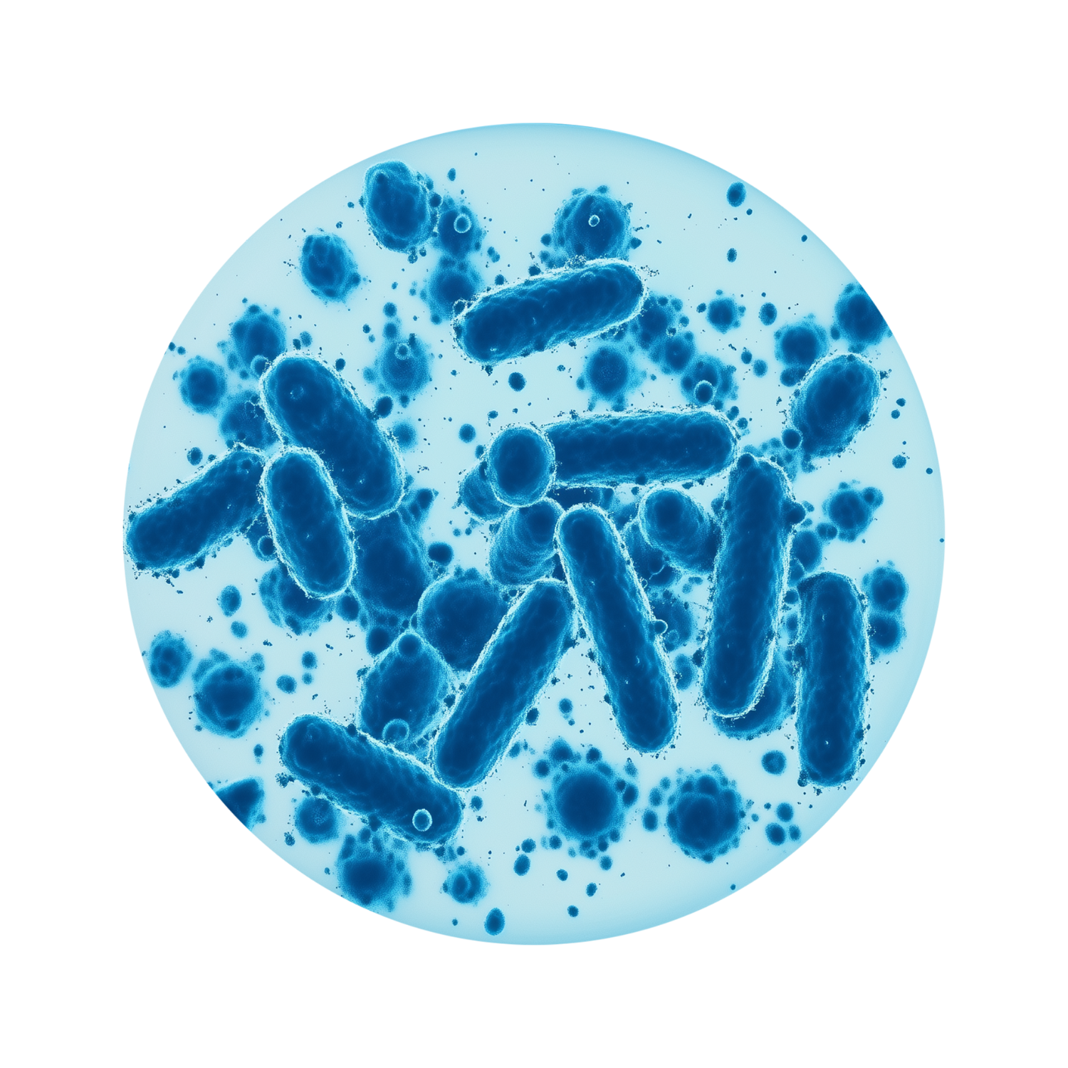 Microscopic view of blue bacteria on a light blue background