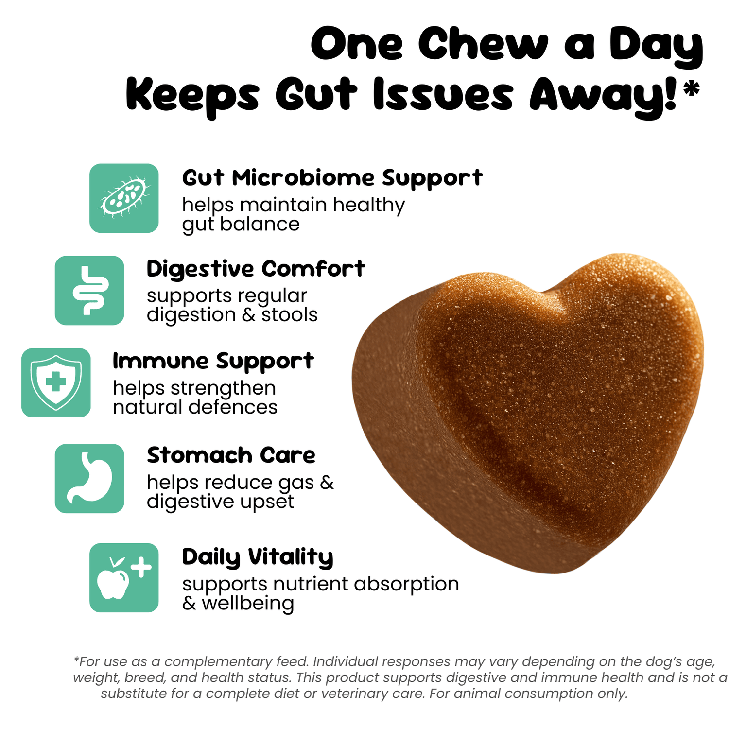 Heart-shaped probiotics chews with text about gut health benefits on a white background