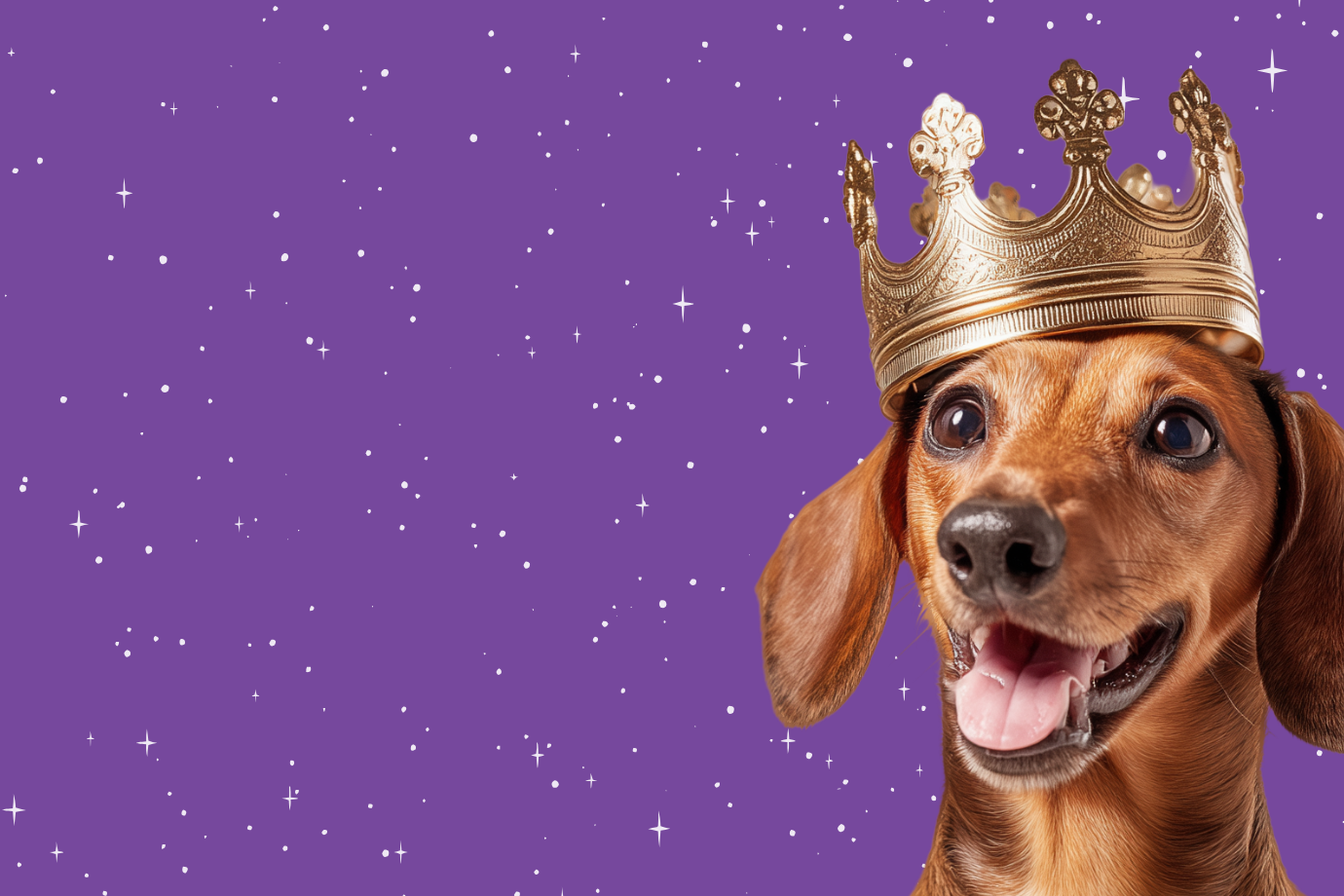 Dog wearing a gold crown on a purple background with stars