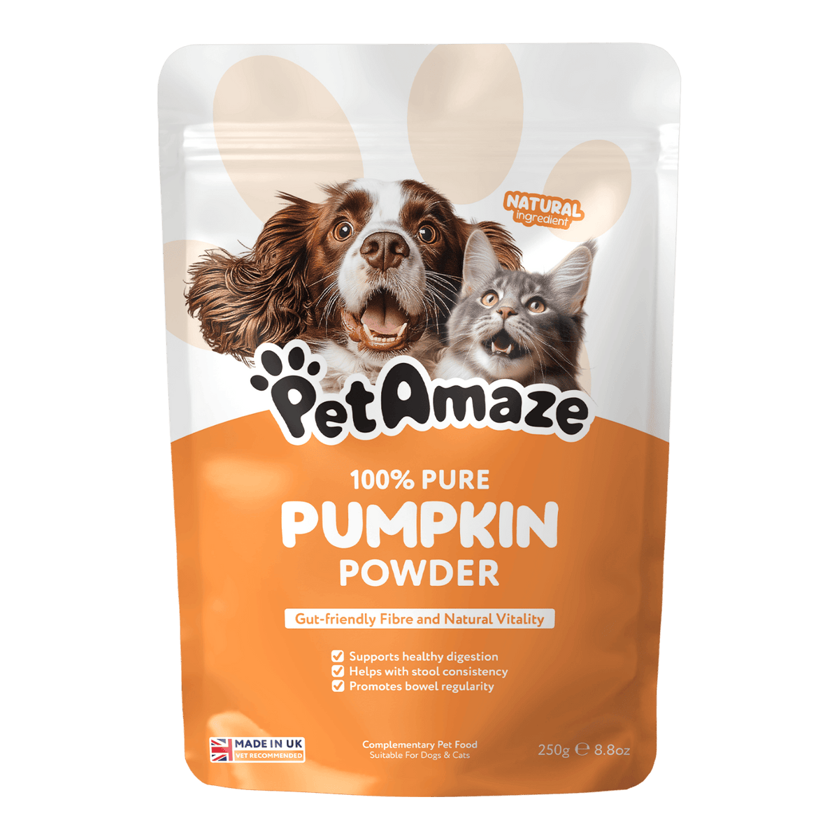 PetAmaze 100% pure pumpkin powder for dogs and cats, 250g pouch, natural fibre for digestion and stool consistency