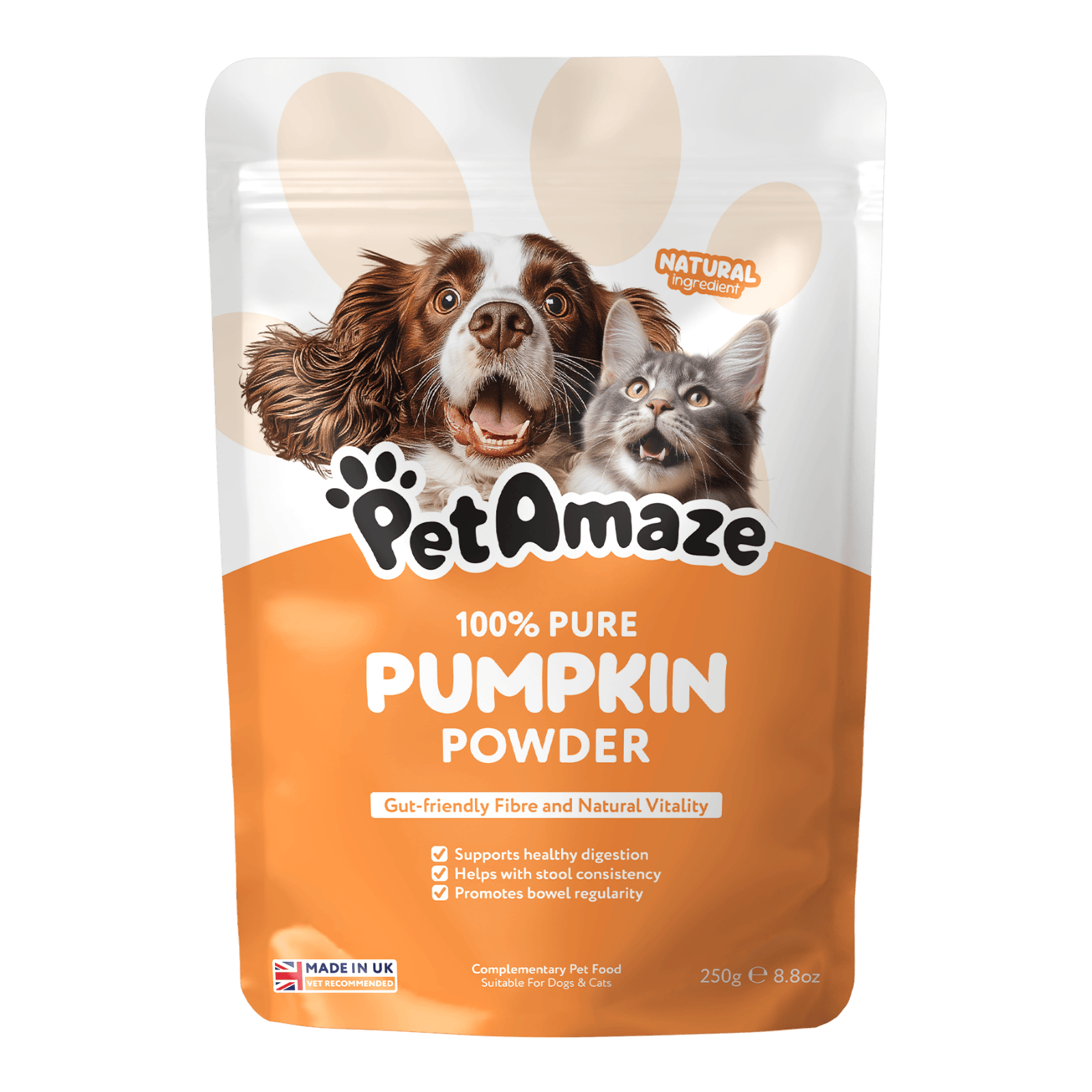 PetAmaze 100% pure pumpkin powder for dogs and cats, 250g pouch, natural fibre for digestion and stool consistency
