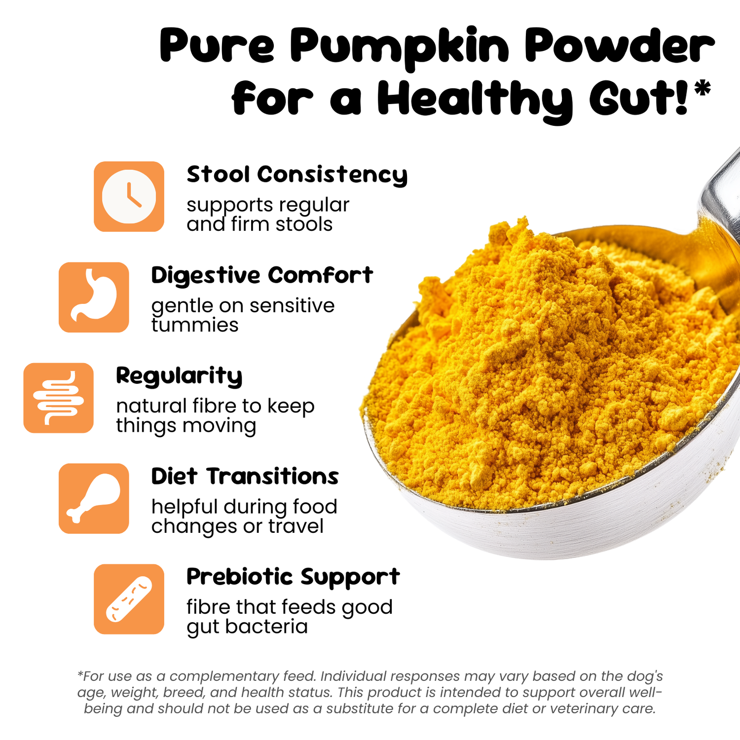 Pumpkin powder in scoop, supports stool consistency, digestive comfort, prebiotic support and help during diet transitions