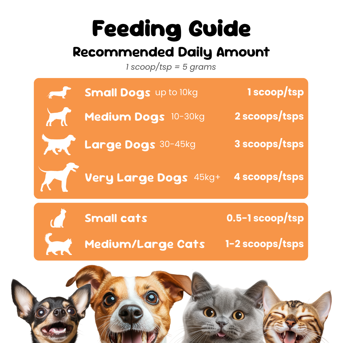 Feeding guide for pumpkin powder, daily scoops by dog size and cats, one teaspoon equals five grams