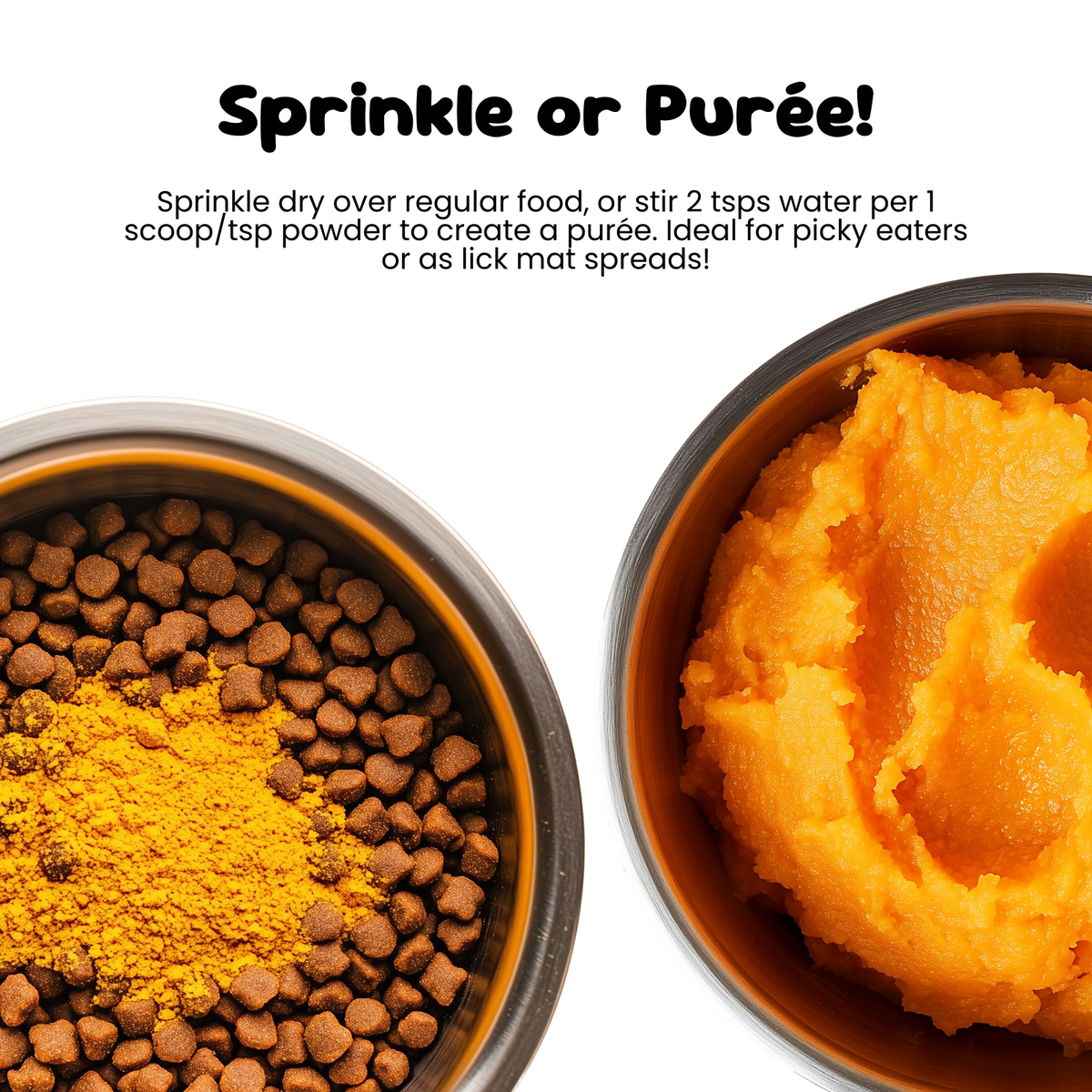Serving ideas, sprinkle pumpkin powder over kibble or mix with water to make a puree for picky eaters and lick mats