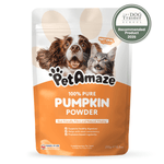 PetAmaze pumpkin powder package with a dog and cat on the label, featuring a 'Recommended Product 2026' badge.