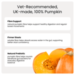 Pumpkin with text about fibre support, firmer stools, and natural prebiotic benefits on a white background.